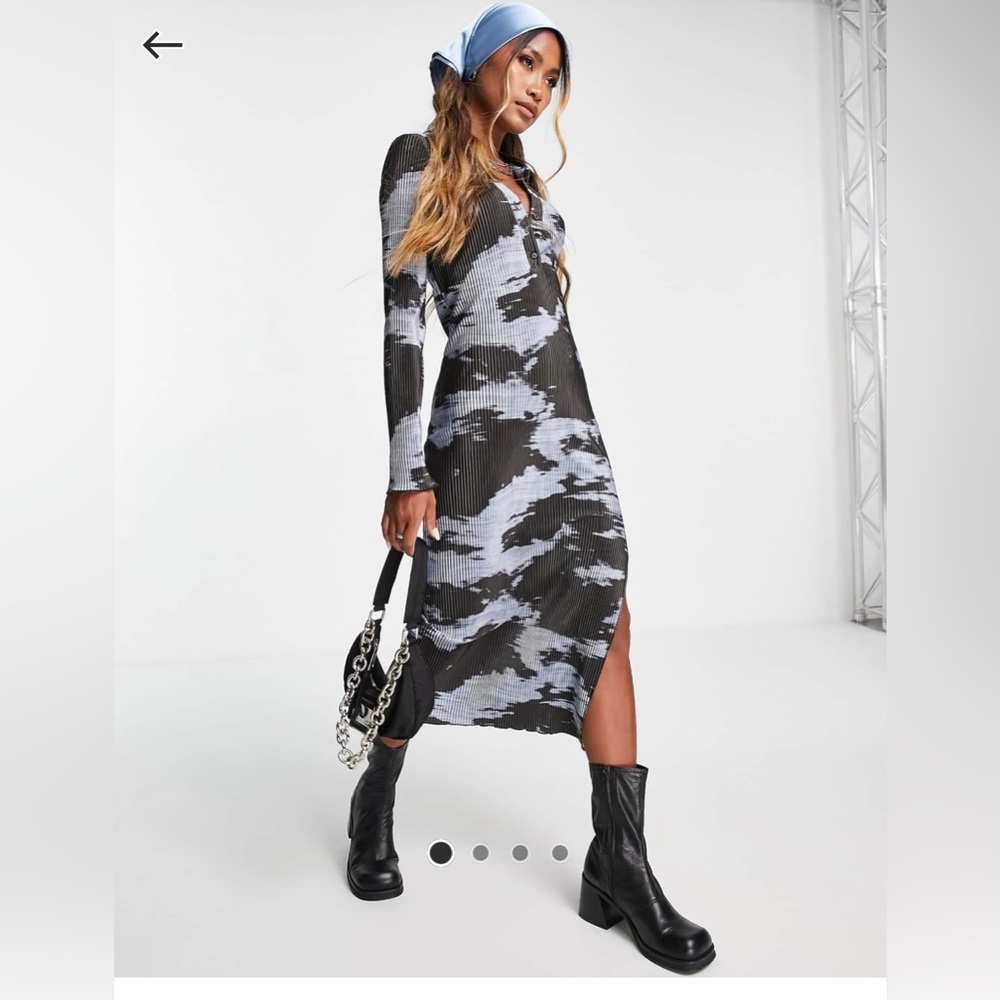 Topshop Black and Light Blue Patterned Long Sleeve Dress